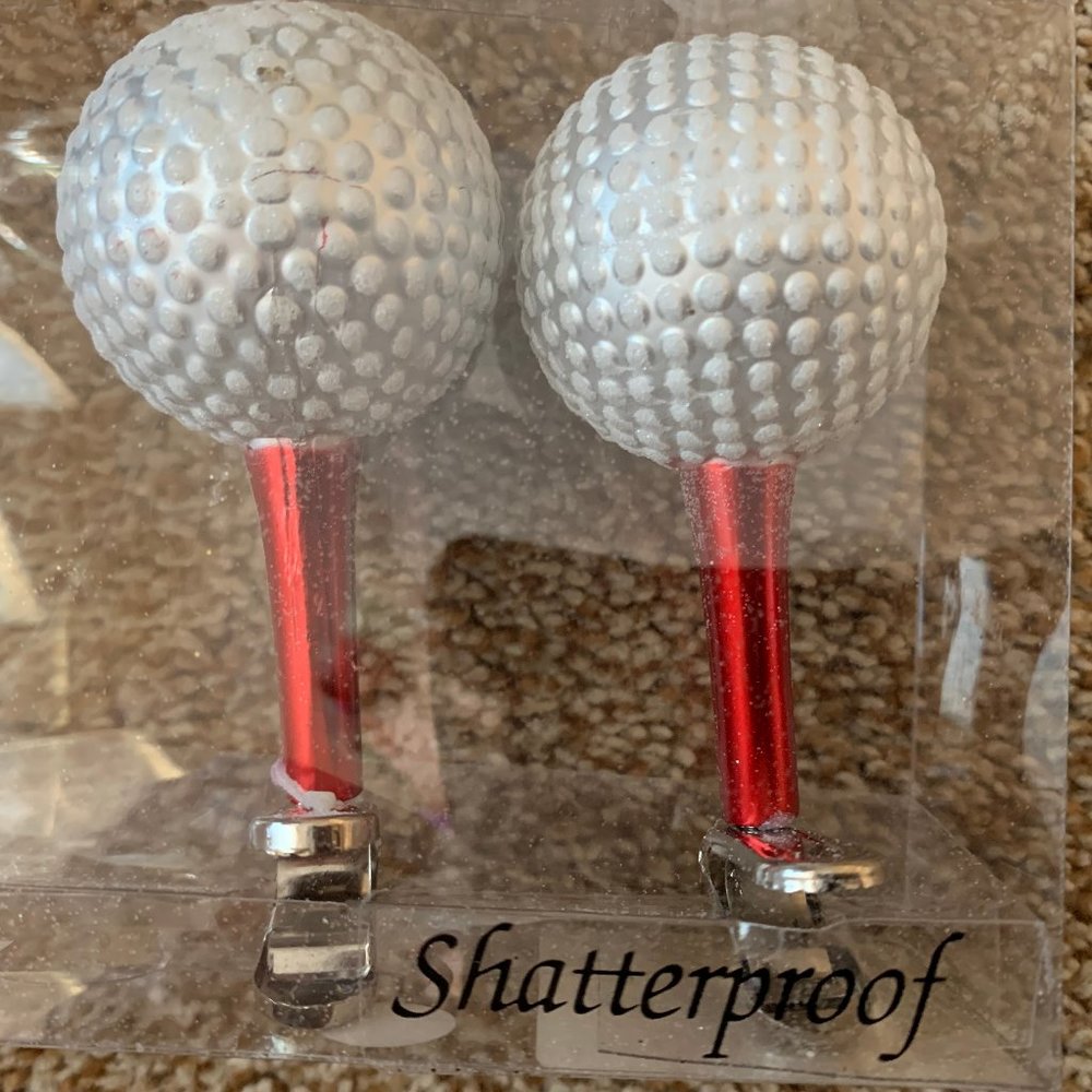 2 Golf balls with red tee Christmas Ornaments
